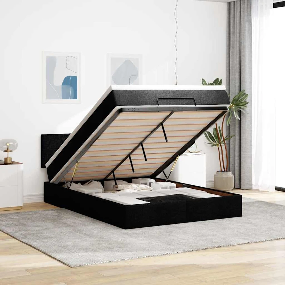 Osmanų lova su čiužiniu ir LED lemputėmis juodas 140x200 cm