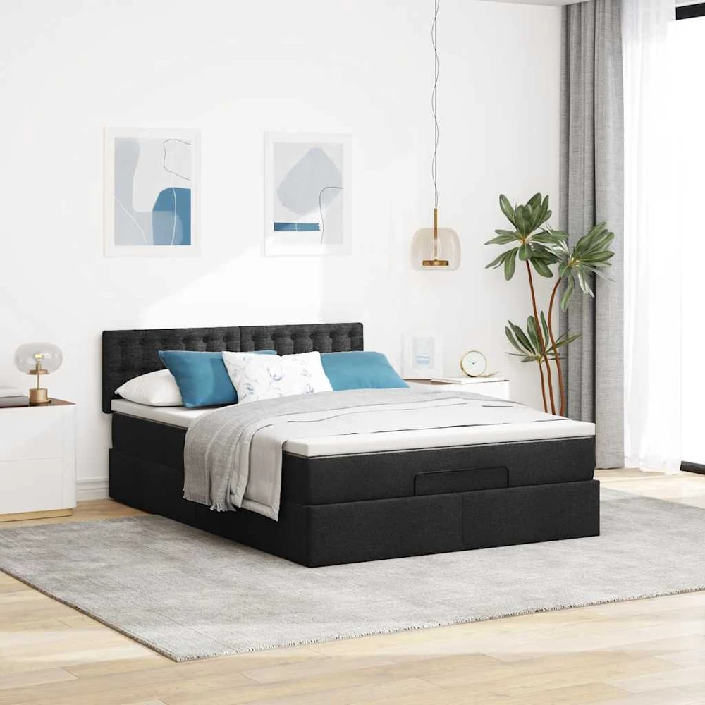 Osmanų lova su čiužiniu ir LED lemputėmis juodas 140x200 cm