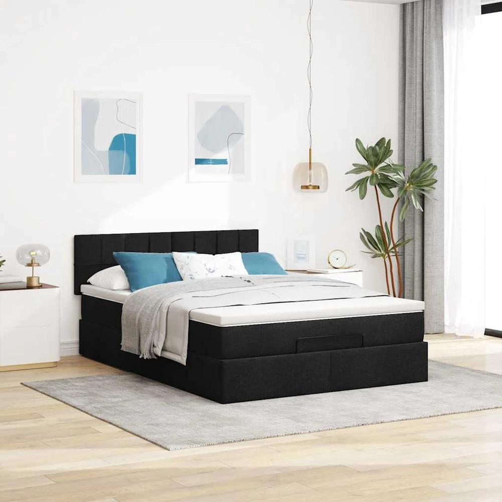 Osmanų lova su čiužiniu ir LED lemputėmis juodas 140x200 cm