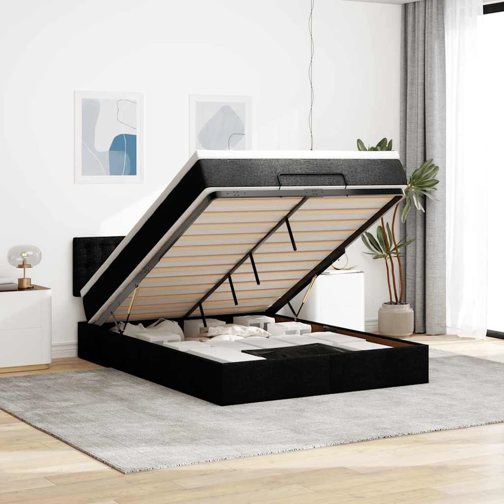 Osmanų lova su čiužiniu ir LED lemputėmis juodas 140x200 cm