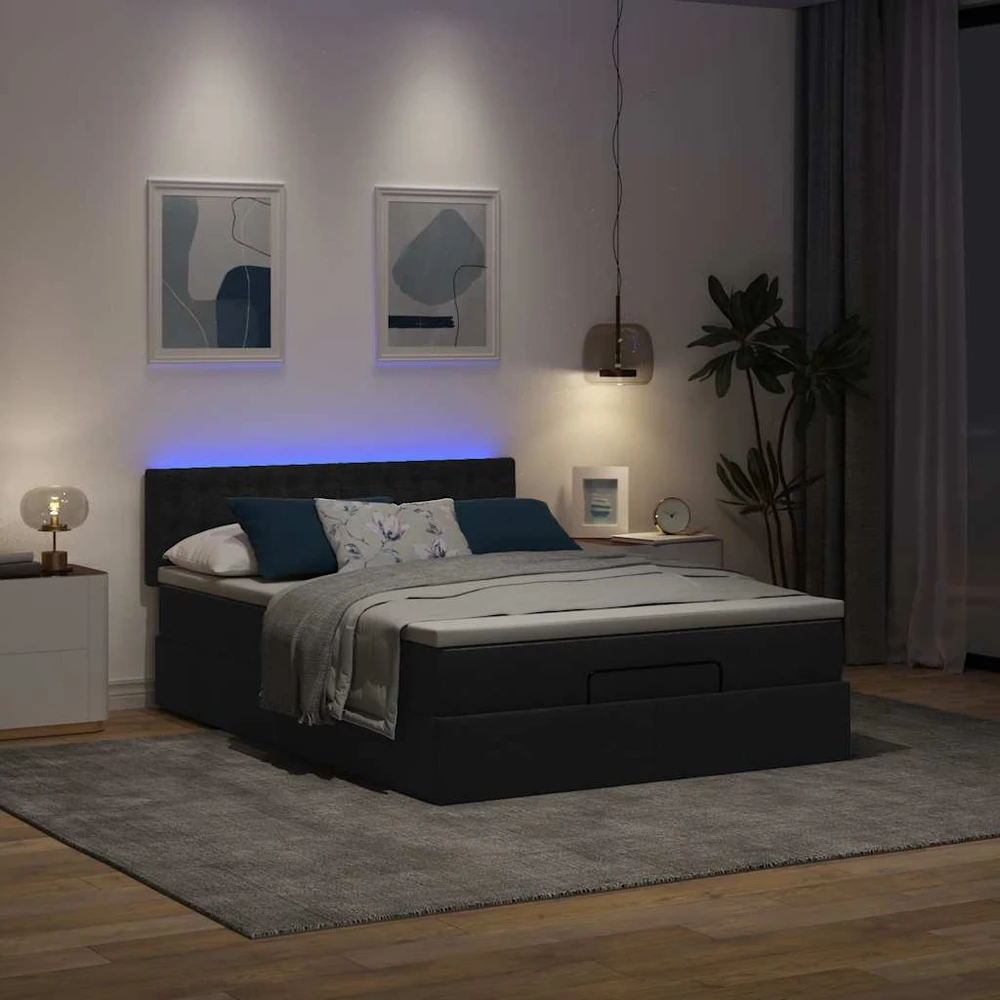 Osmanų lova su čiužiniu ir LED lemputėmis juodas 140x200 cm