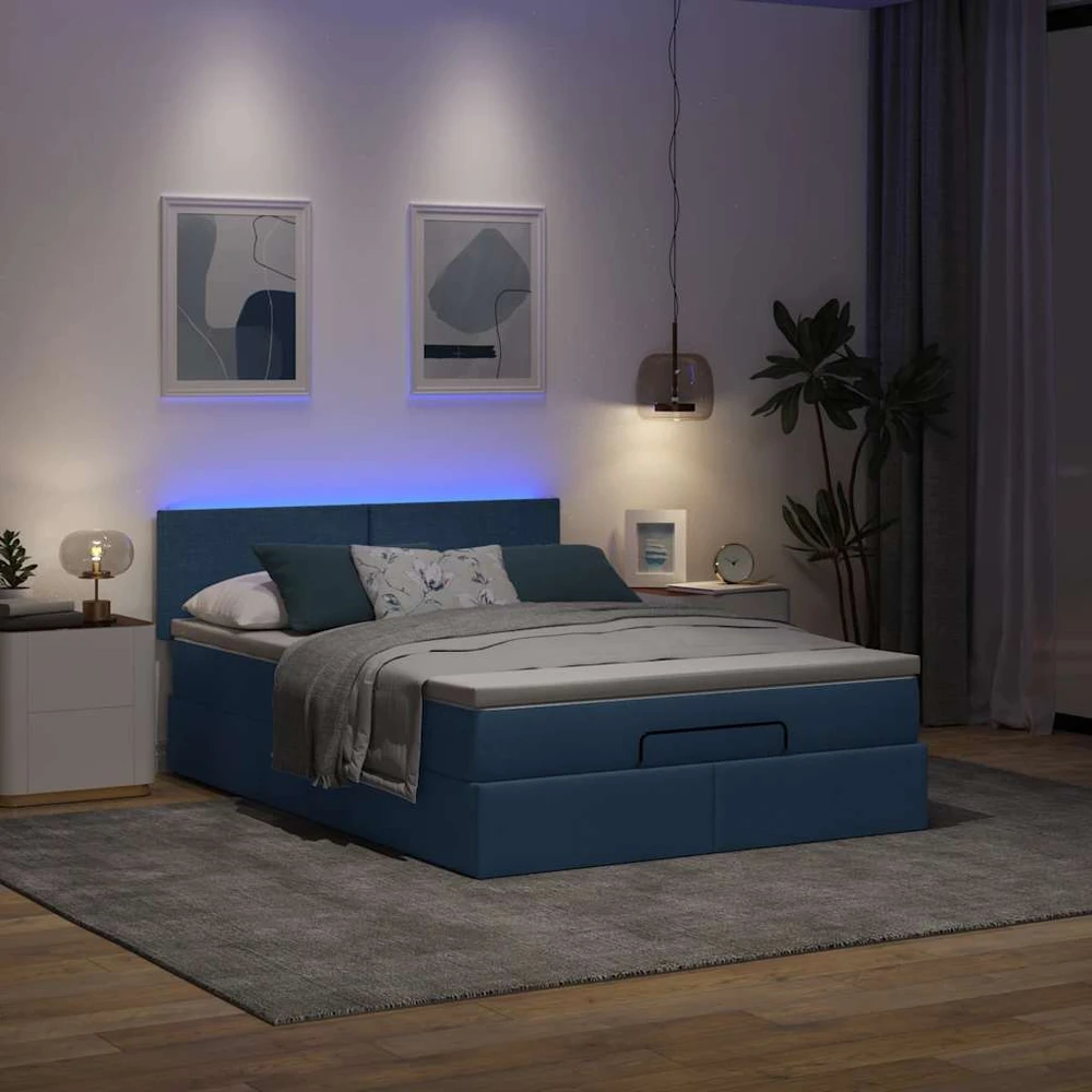 Osmanų lova su čiužiniu ir LED Mėlynas 140x190cm audinys
