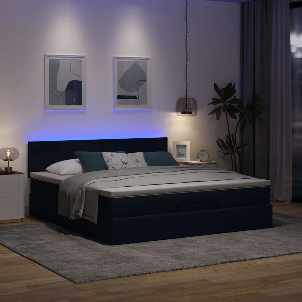 Osmanų lova su čiužiniu ir LED, mėlynas, 180x200cm, audinys