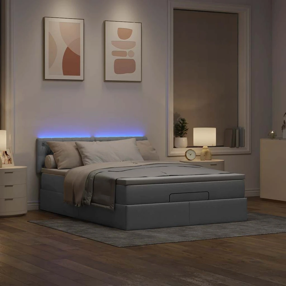 Osmanų lova su čiužiniu ir LED šviesiai pilka 140x190cm audinys