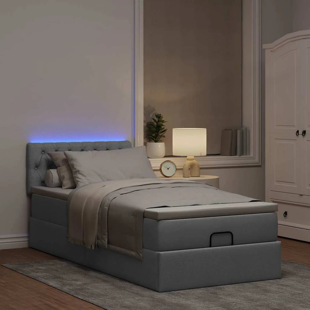 Osmanų lova su čiužiniu ir LED šviesiai pilkas 90x200cm audinys