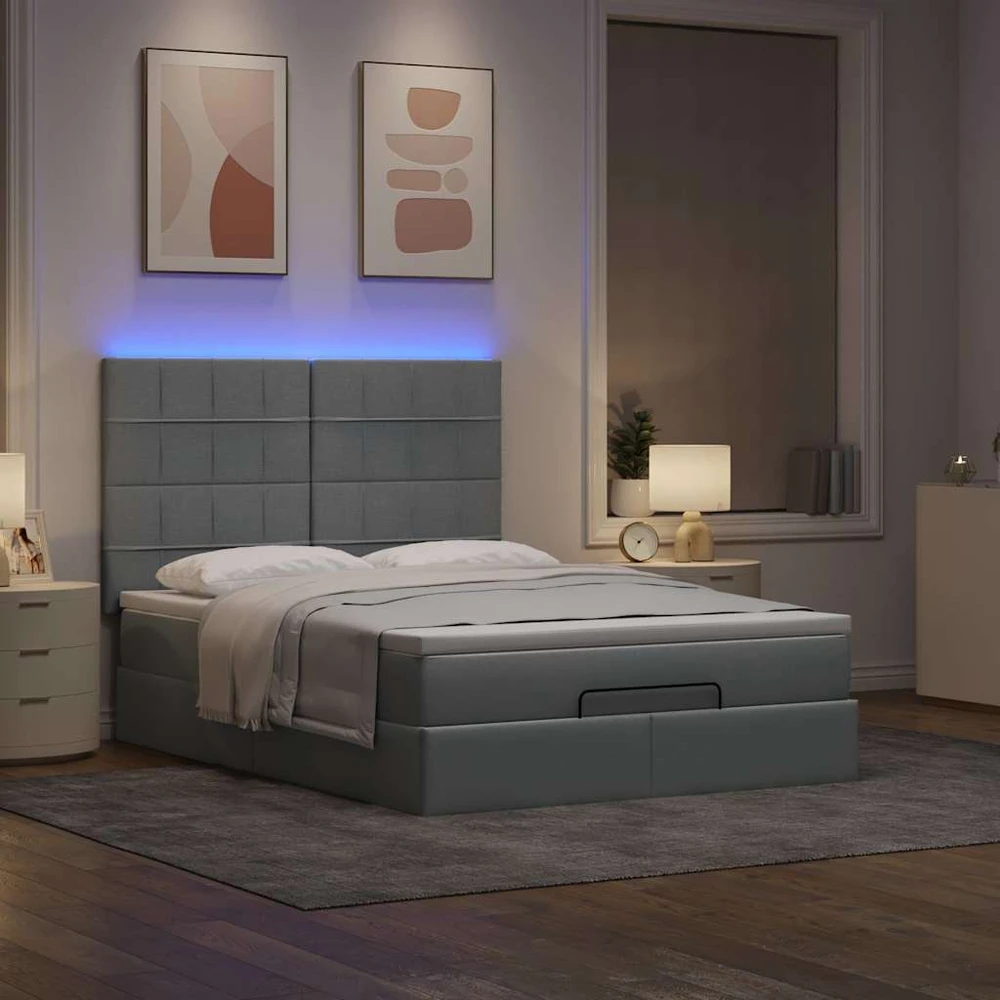 Osmanų lova su čiužiniu ir LED šviesiai pilka 140x190cm audinys