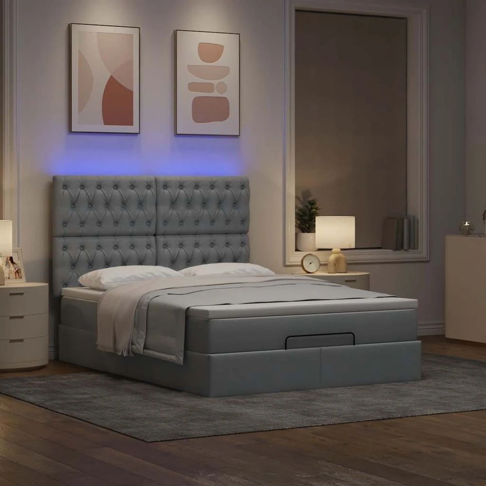 Osmanų lova su čiužiniu ir LED šviesiai pilka 140x190cm audinys