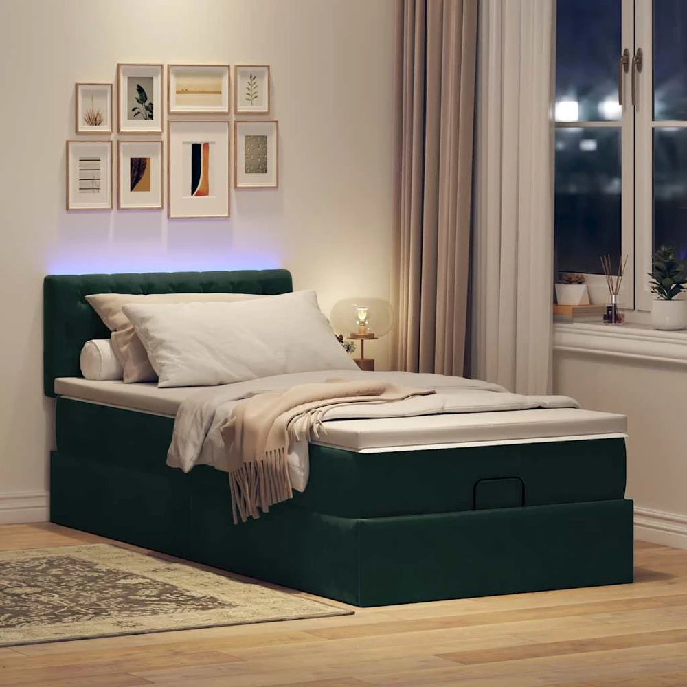 Osmanų lova su čiužiniu ir LED, tamsiai žalias 90x200cm aksomas