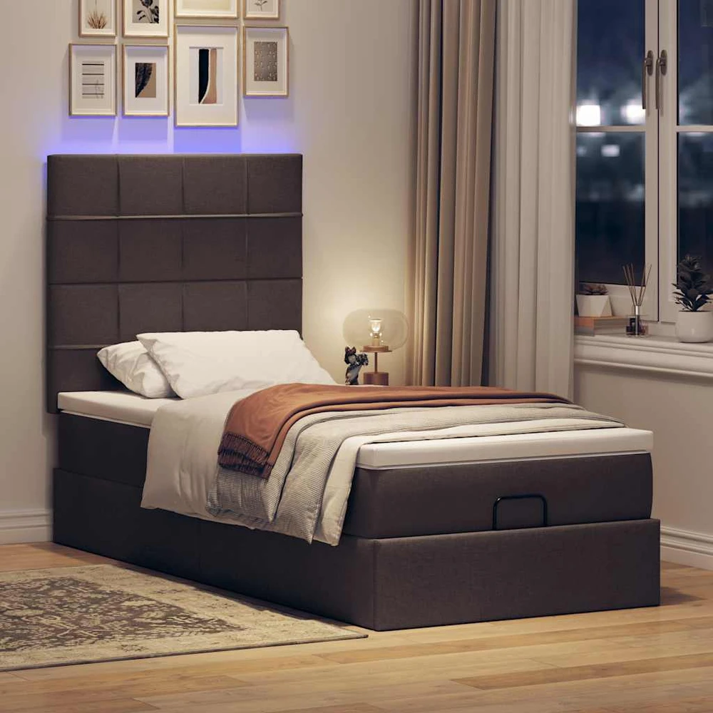 Osmanų lova su čiužiniu ir LED, tamsiai rudas, 90x200cm audinys
