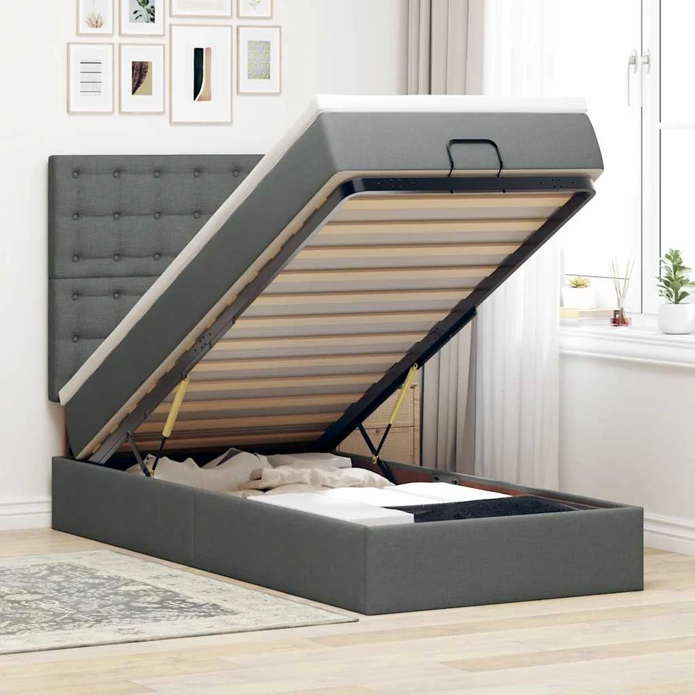 Osmanų lova su čiužiniu ir LED, tamsiai pilkas 90x200cm audinys
