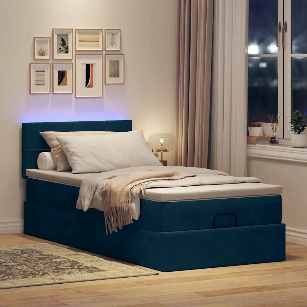 Osmanų lova su čiužiniu ir LED tamsiai mėlynas 80x200cm aksomas