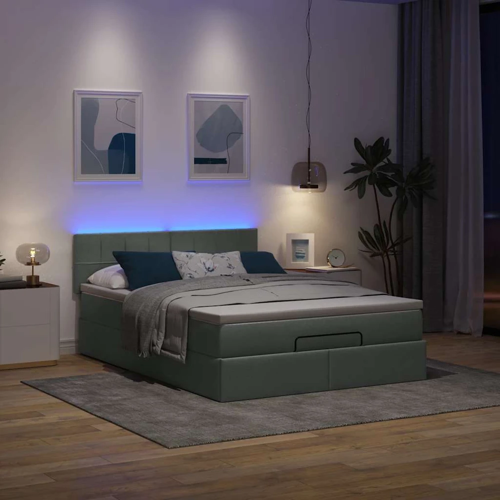 Osmanų lova su čiužiniu ir LED tamsiai pilka 140x190cm audinys