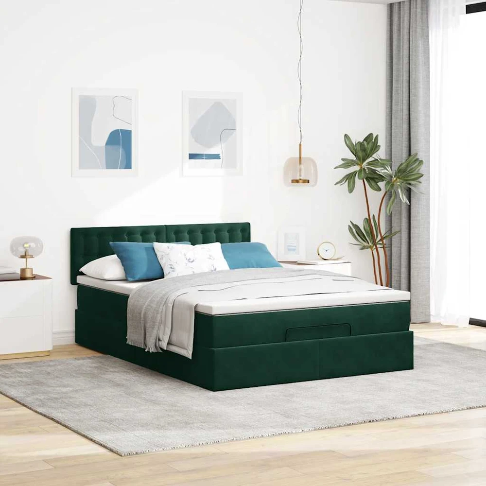 Osmanų lova su čiužiniu ir LED Tamsiai žalia 140x200cm Velvet