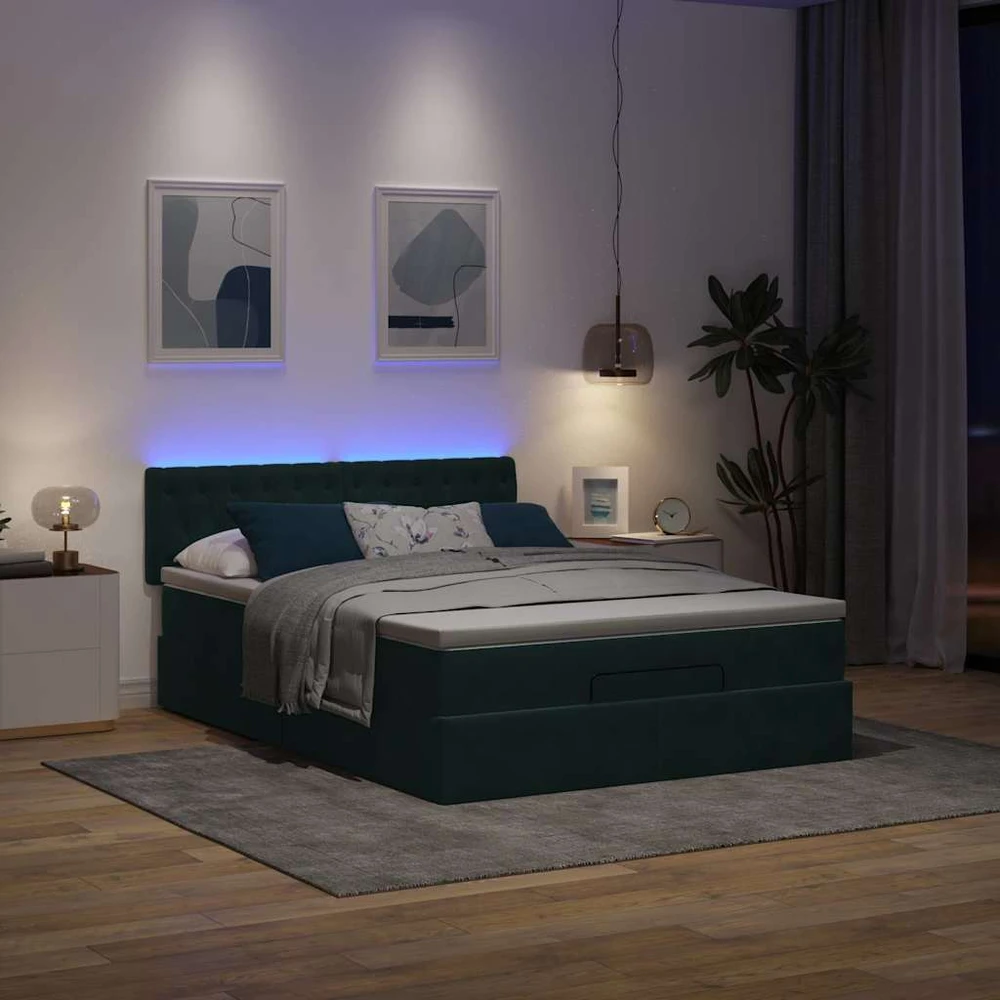 Osmanų lova su čiužiniu ir LED Tamsiai žalia 140x200cm Velvet
