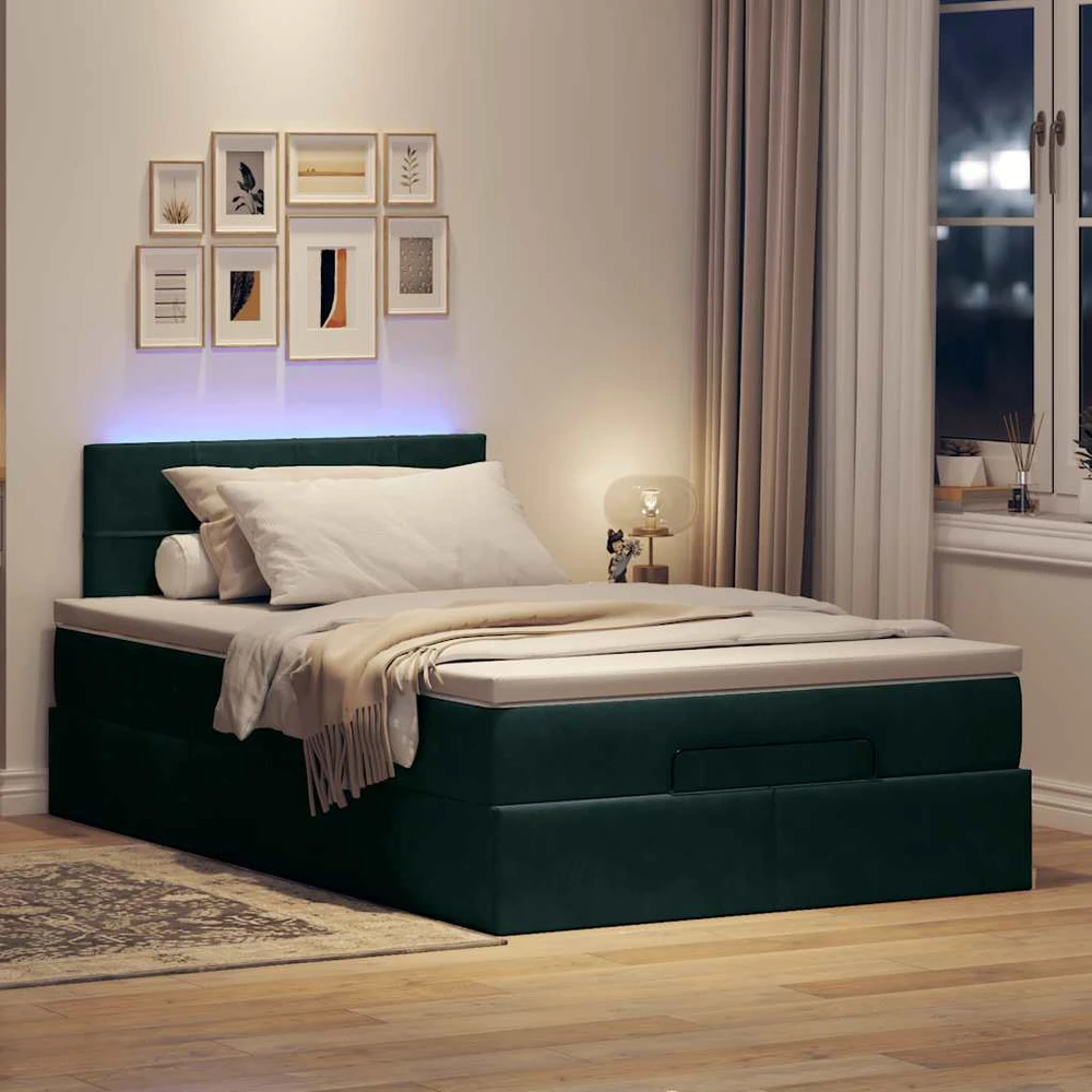 Osmanų lova su čiužiniu ir LED tamsiai žalias 120x190cm aksomas