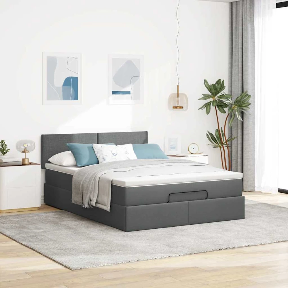 Osmanų lovos rėmas su čiužiniu, pilkas, 140x200cm, audinys
