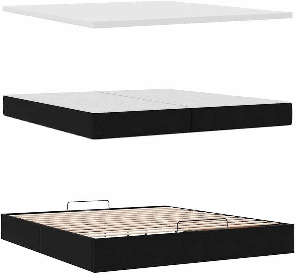 Osmanų lovos rėmas su čiužiniais, juodas, 200x200cm, aksomas