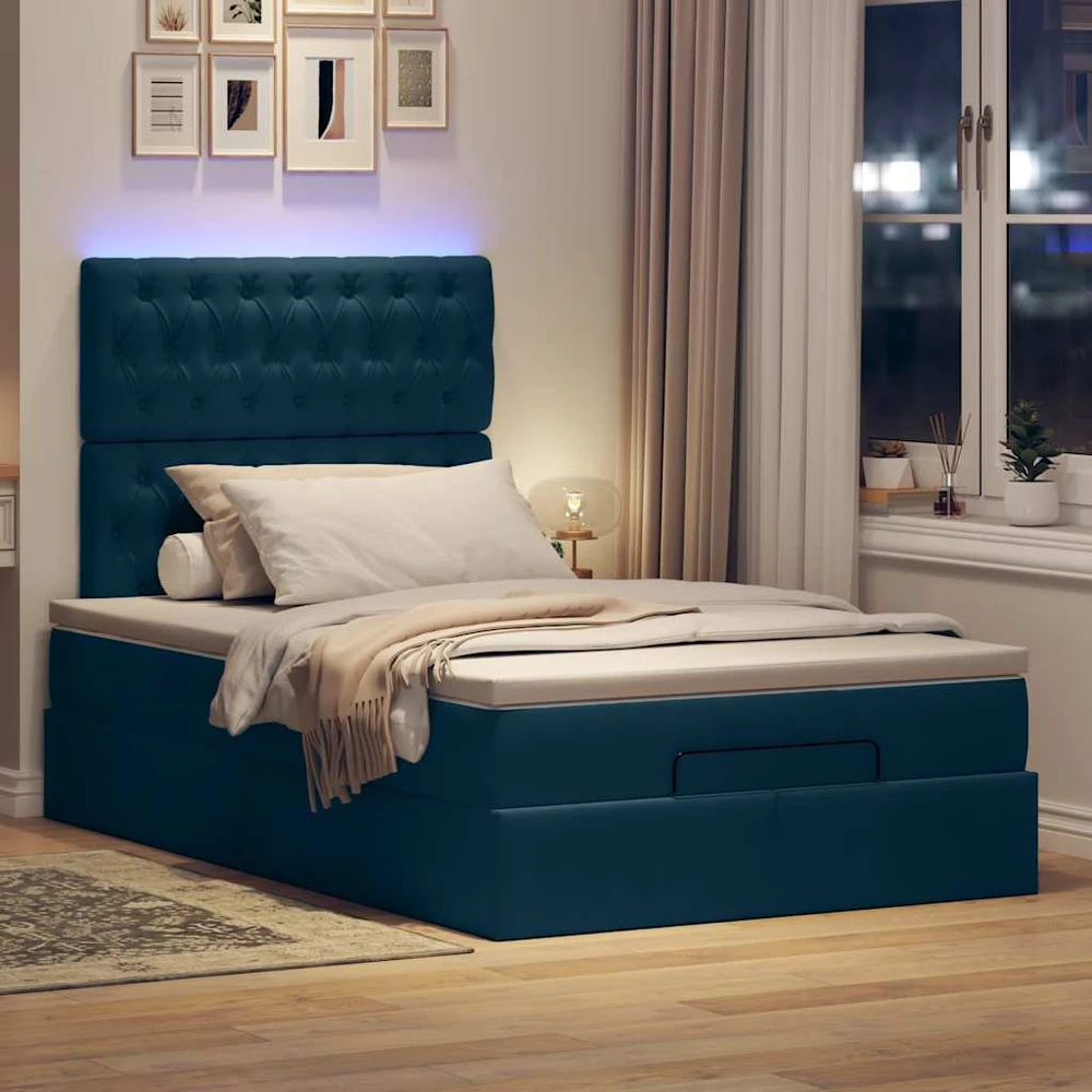 Osmanų lovos rėmas su čiužiniais, mėlynas, 120x200cm, aksomas