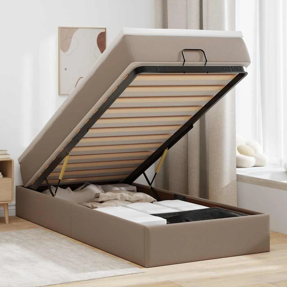 Osmanų lovos rėmas su čiužiniu, kapučino, 90x190cm, dirbt. oda