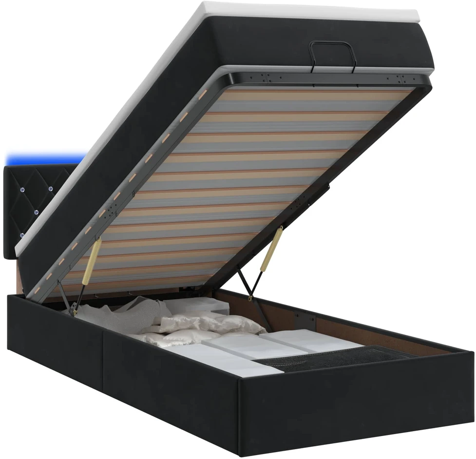 Otmana lova su matracsu ir LED Juoda 100 x 200 cm Aksomas
