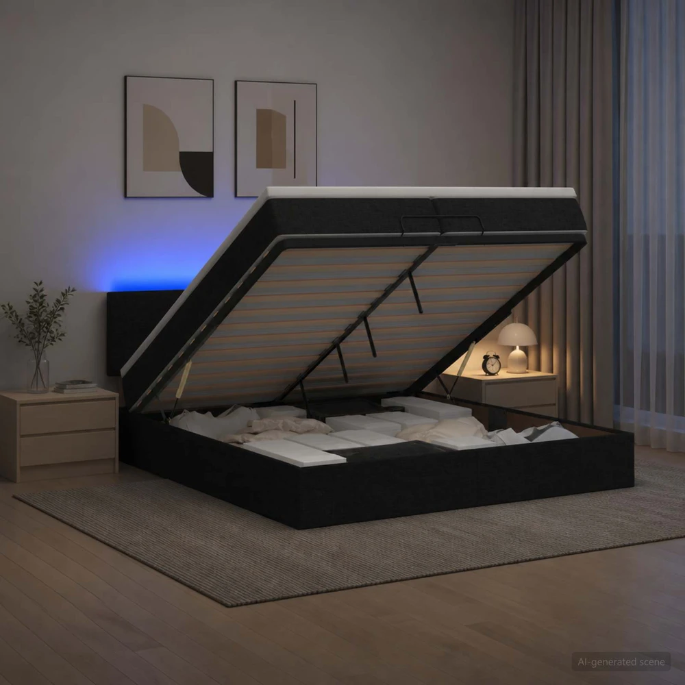 Otmana lova su matracsu ir LED Juoda 200 x 200 cm Audinys