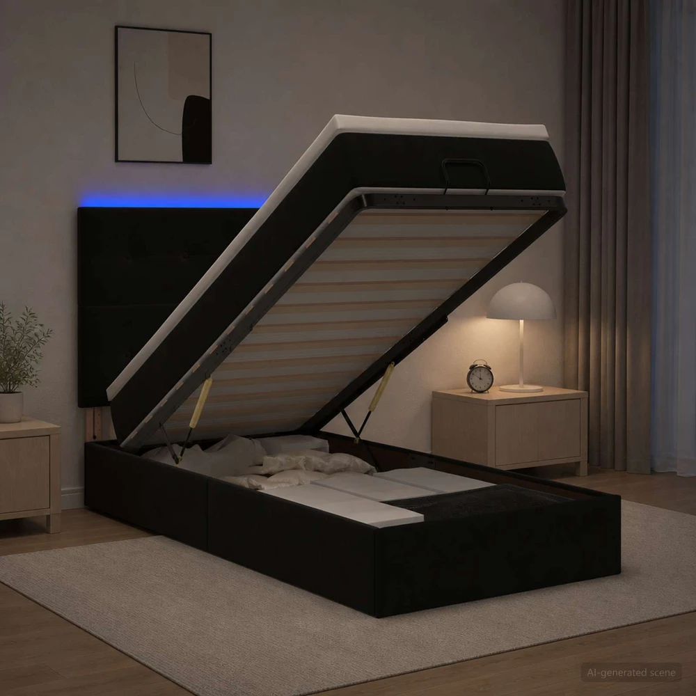 Otmana lova su matracsu ir LED Juoda 80 x 200 cm Aksomas