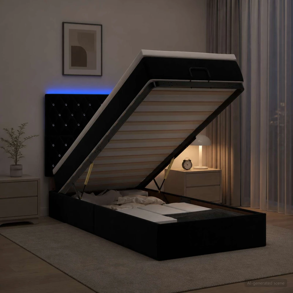 Otmana lova su matracsu ir LED Juoda 80 x 200 cm Aksomas