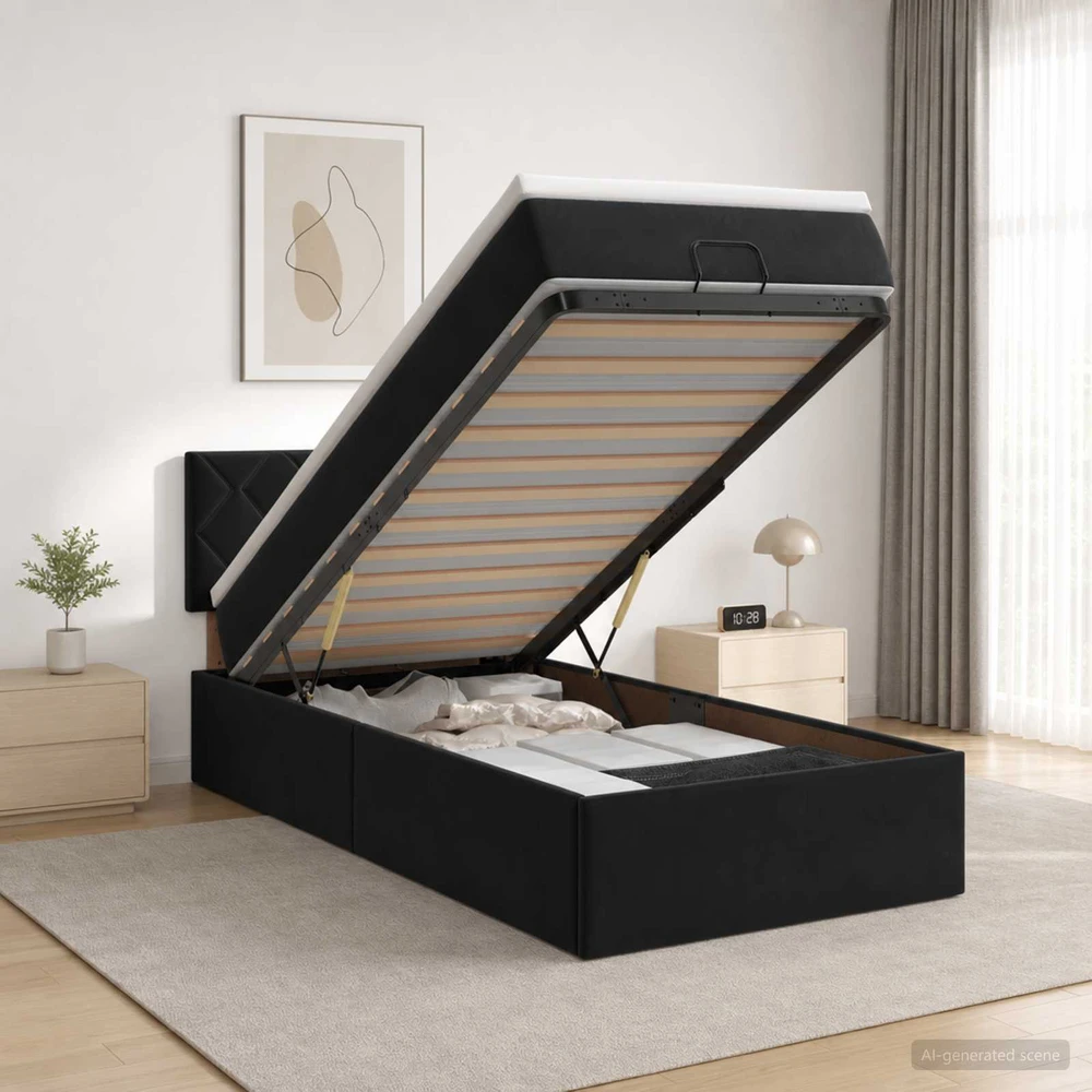 Otmana lova su matracsu ir LED Juoda 90 x 190 cm Aksomas