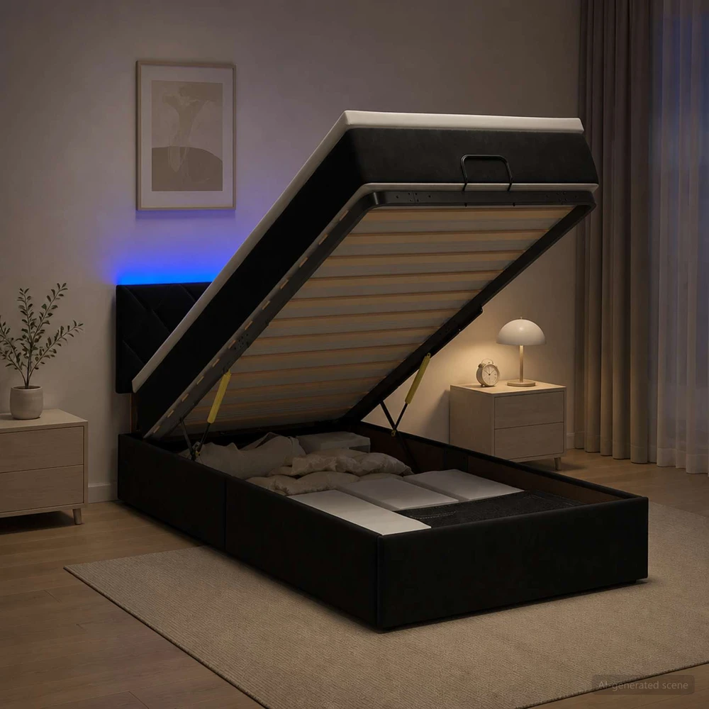 Otmana lova su matracsu ir LED Juoda 90 x 190 cm Aksomas