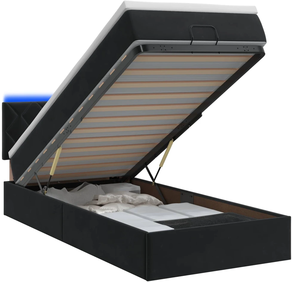 Otmana lova su matracsu ir LED Juoda 90 x 190 cm Aksomas