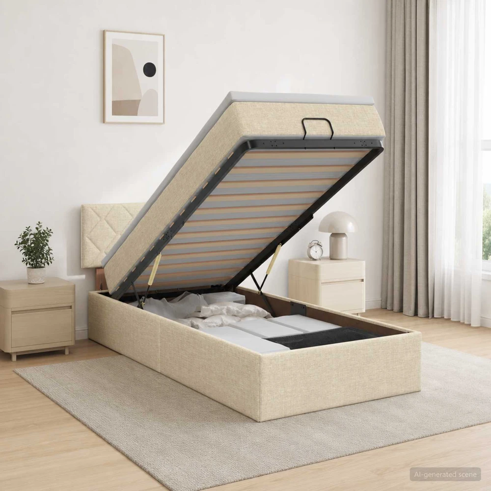 Otmana lova su matracsu ir LED Kreminė 100 x 200 cm Audinys