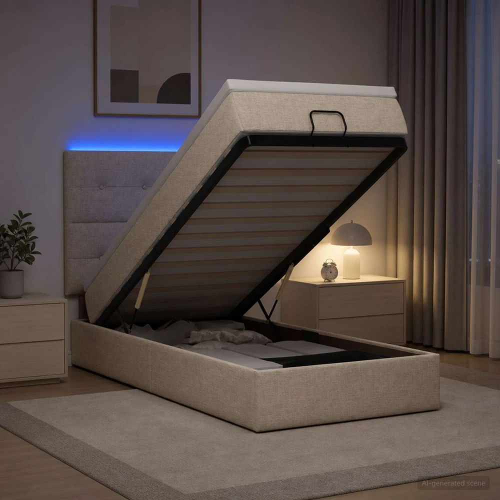 Otmana lova su matracsu ir LED Kreminė 90 x 200 cm Audinys