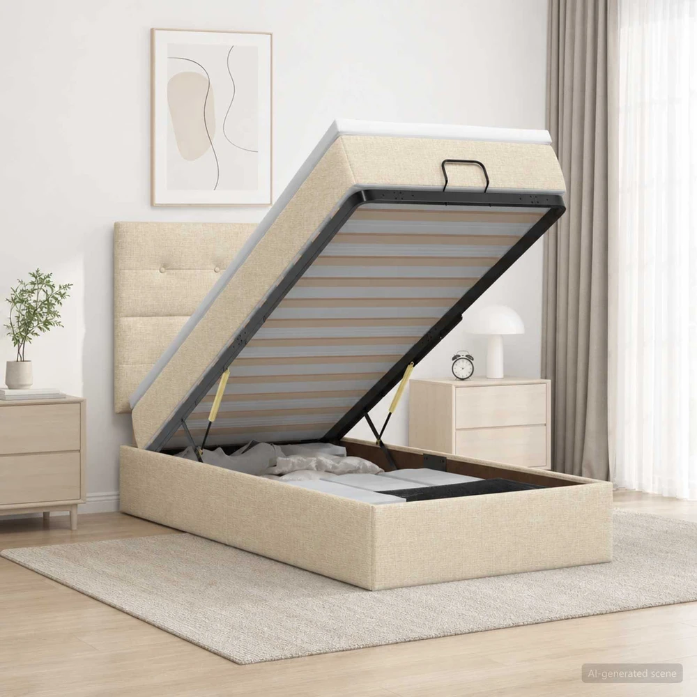 Otmana lova su matracsu ir LED Kreminė 90 x 200 cm Audinys