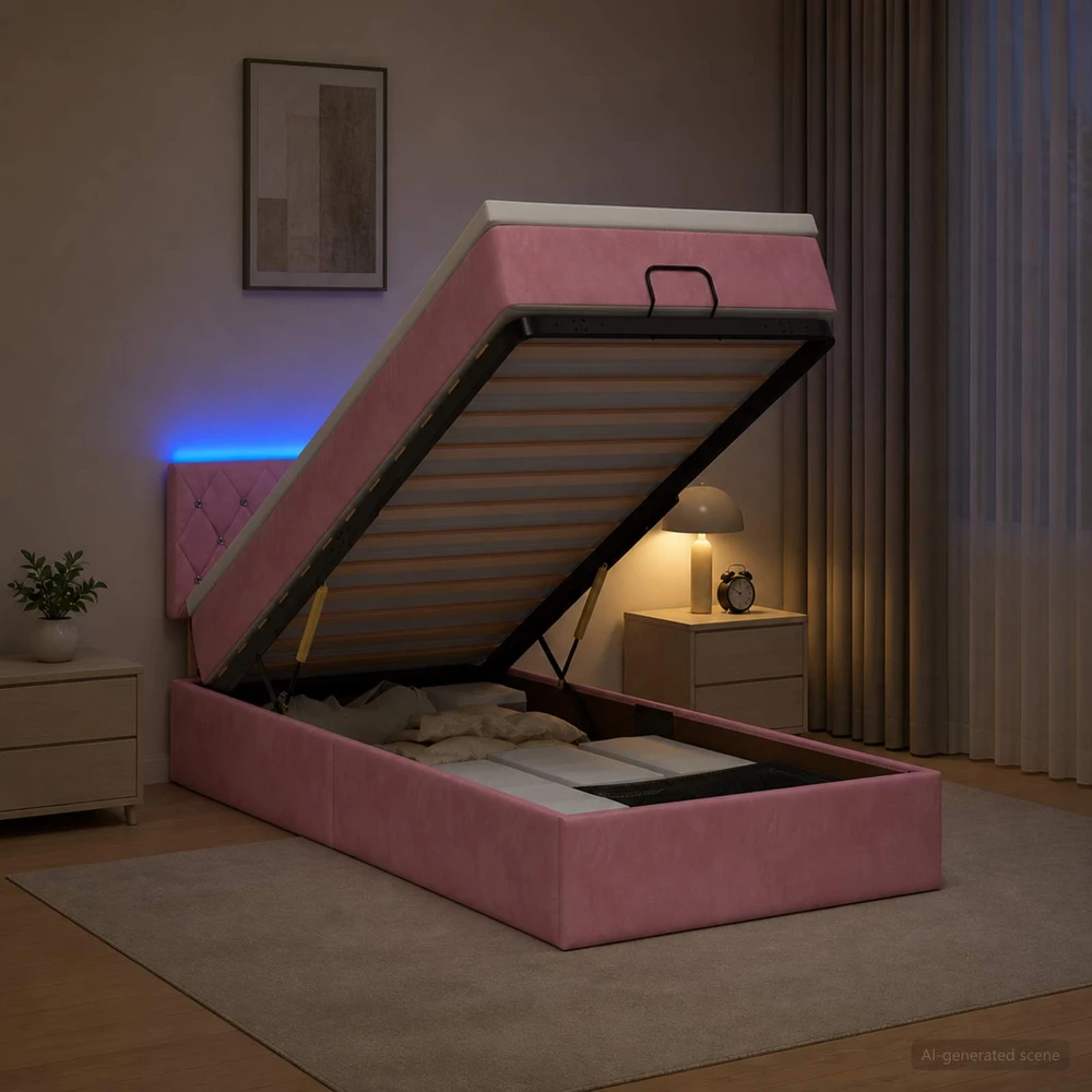 Otmana lova su matracsu ir LED Rožinė 100 x 200 cm Aksomas