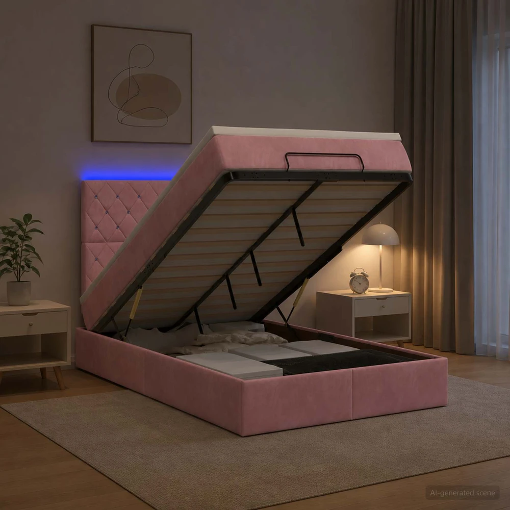 Otmana lova su matracsu ir LED Rožinė 120 x 200 cm Aksomas