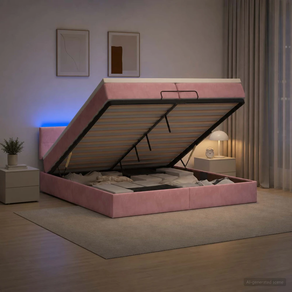 Otmana lova su matracsu ir LED Rožinė 200 x 200 cm Aksomas