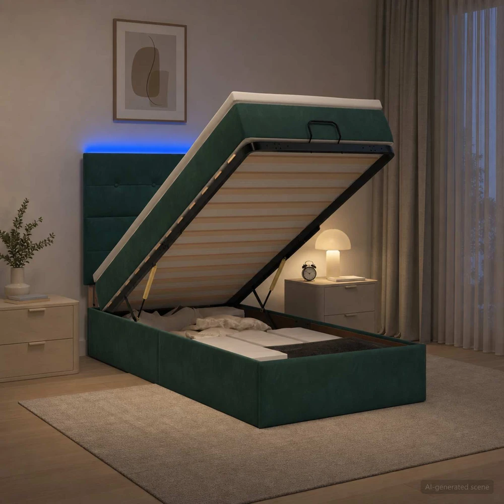 Otmana lova su matracsu ir LED Tamsiai žalia 90 x 190 cm