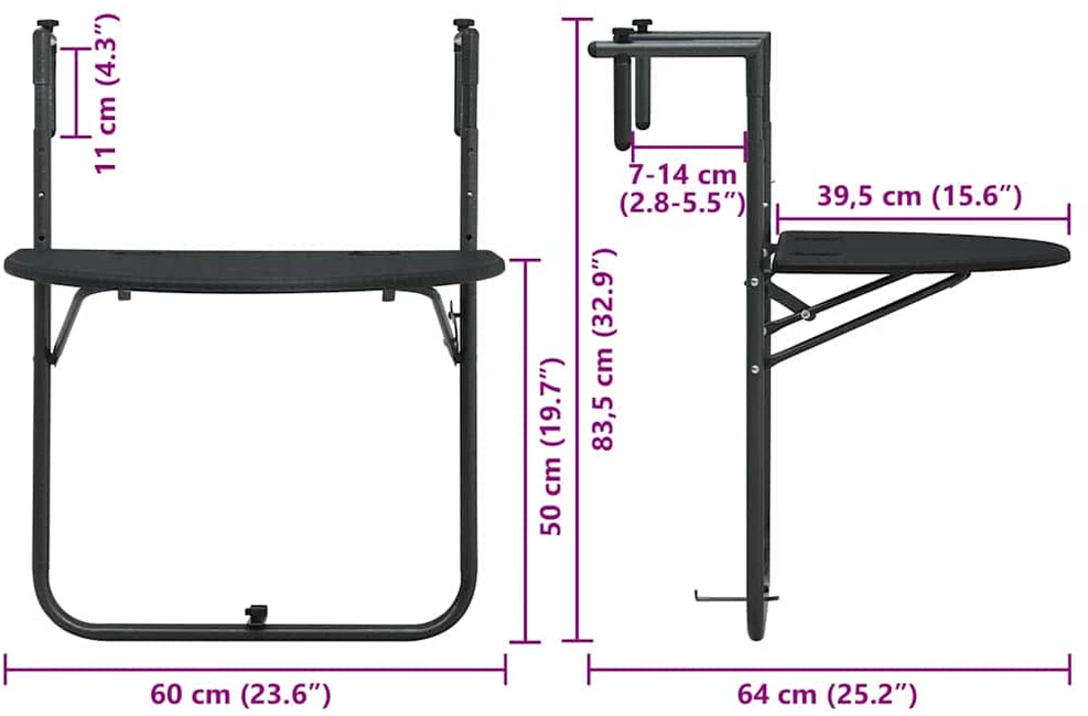 Pakabinamas balkono stalas, juodas, 60x64x83,5cm, plastikas