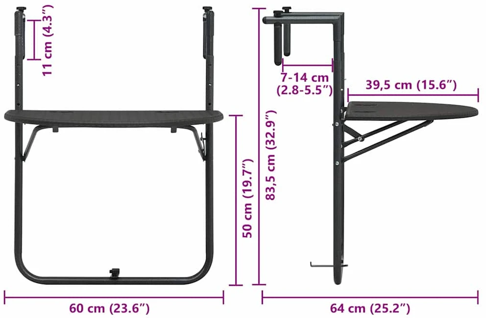 Pakabinamas balkono stalas, rudas, 60x64x83,5cm, plastikas