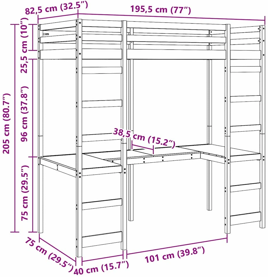 Lova Palėpės lovos rėmas Balta 75 x 190 cm Kietos pušies mediena