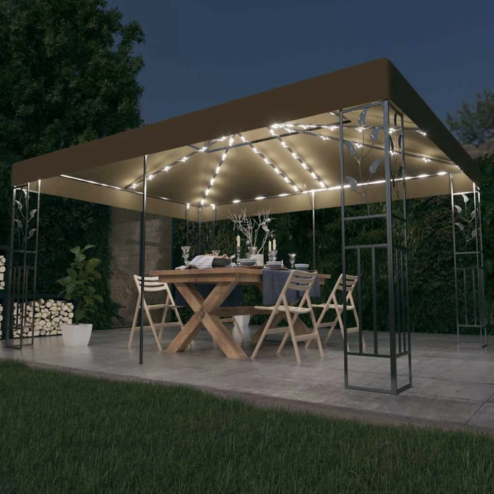 Pavėsinė su dvigubu stogu ir lemputėmis LED, taupe, 3x4m