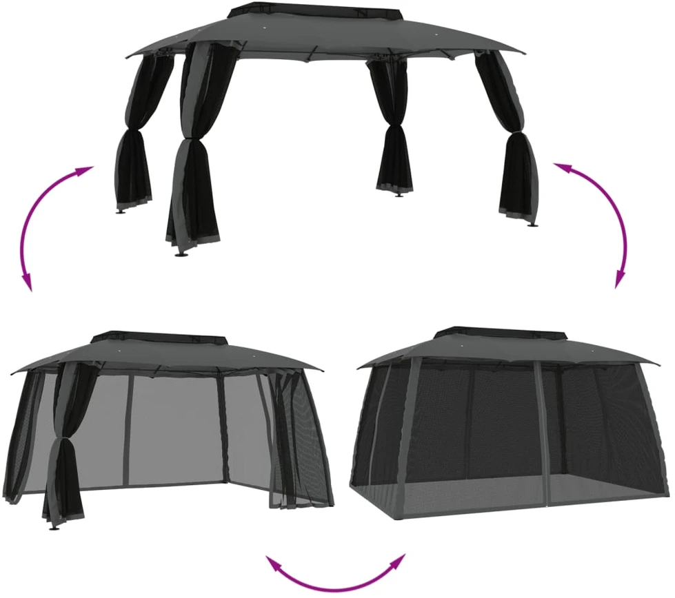 Pavėsinė su stogu ir sienomis, antracito, 3,93x2,93m, plienas