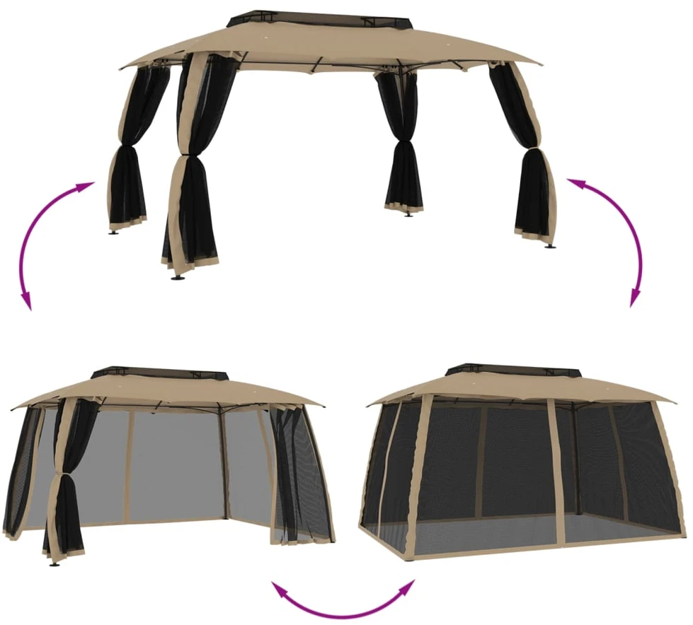 Pavėsinė su stogu ir sienomis, taupe, 3,93x2,93m, plienas