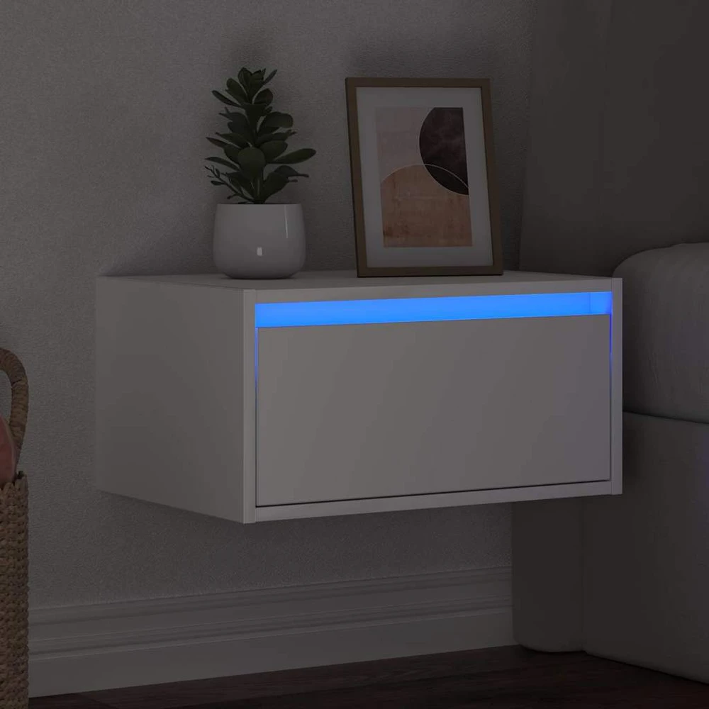 Prie sienos montuojama naktinė spintelė su LED, balta