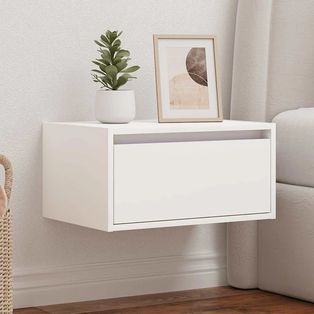 Prie sienos montuojama naktinė spintelė su LED, balta