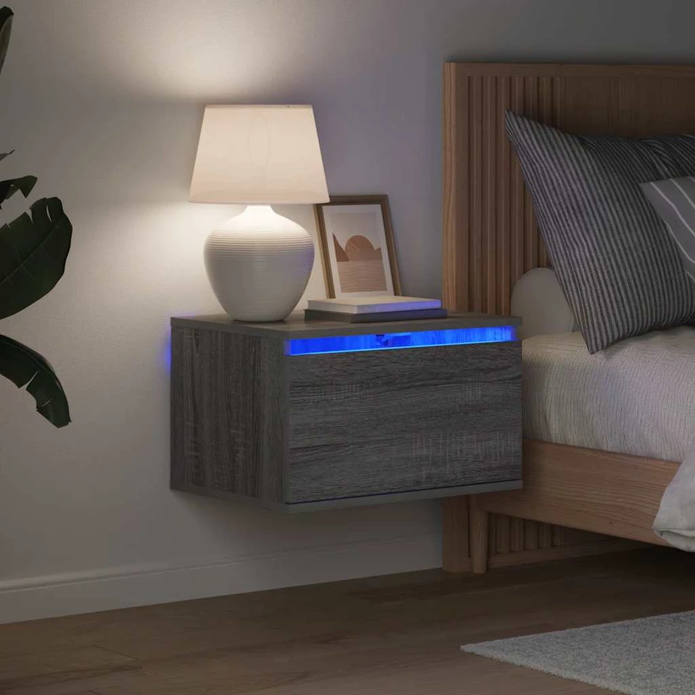 Prie sienos montuojama naktinė spintelė su LED, pilka ąžuolo