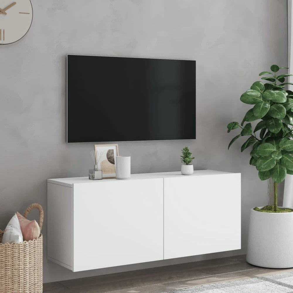 TV staliukas Prie sienos montuojama TV spintelė, baltos spalvos, 100x30x41cm