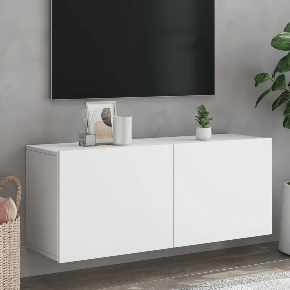 TV staliukas Prie sienos montuojama TV spintelė, baltos spalvos, 100x30x41cm