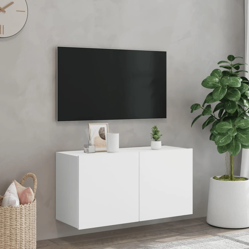 TV staliukas Prie sienos montuojama TV spintelė, baltos spalvos, 80x30x41cm