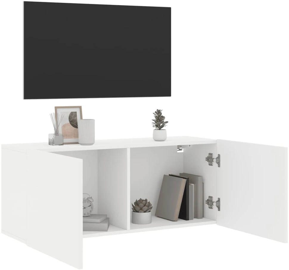 TV staliukas Prie sienos montuojama TV spintelė, baltos spalvos, 100x30x41cm